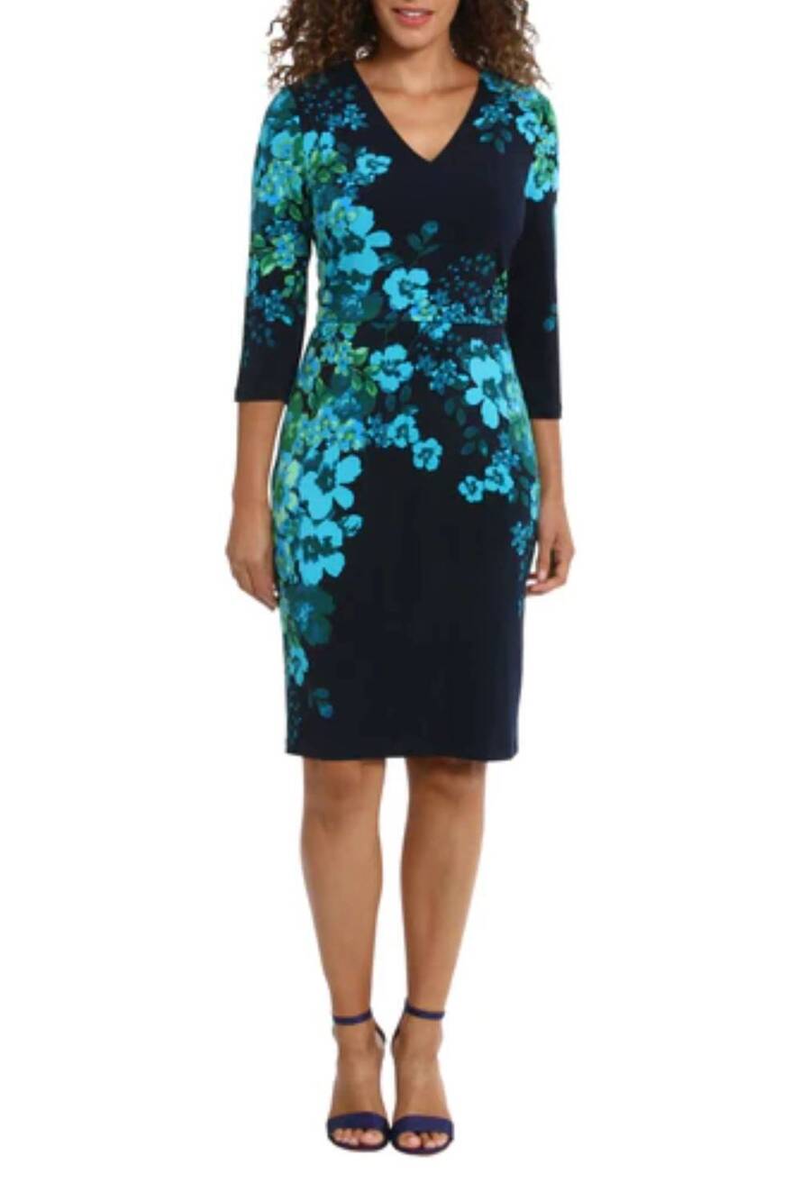 NEW LONDON TIMES floral print 3/4 sleeve sheath dress in navy teal